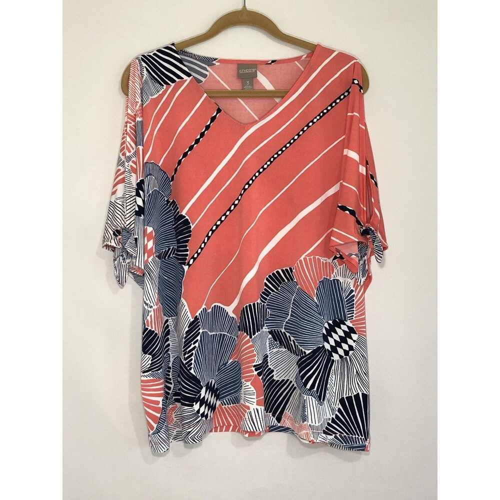 CHICO'S 3/4 Slit Sleeve W/Tie Tunic Red/Blue/White Floral Poly Blend Sz3/L